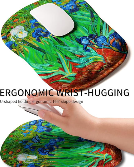 Hokafenle Ergonomic Wrist-Hugging Mouse Pad Wrist Support, U-Shaped Holding Wrist Rest Mousepad for Carpal Tunnel Pain Relief with Cushioned Memory Foam Slope Massage Bulge (10.2x8.3 in,Iris Flower)