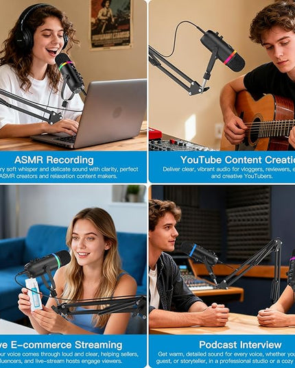 ZealSound Podcast Microphone for PC/Mac/iPhone – USB Studio Mic with Noise Cancellation, RGB Lighting, Mute, Gain, Monitoring & Echo, Boom Arm & Pop Filter, Streaming, Recording, TikTok, YouTube