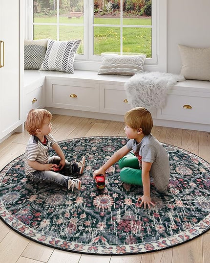 Lahome Moroccan Trellis Round Area Rugs, Washable Small Round Rug 3ft Non-Slip, Soft Vintage Ultra-Thin Circle Carpet for Bedroom Entryway Kitchen Laundry Bathroom, Black/Multi
