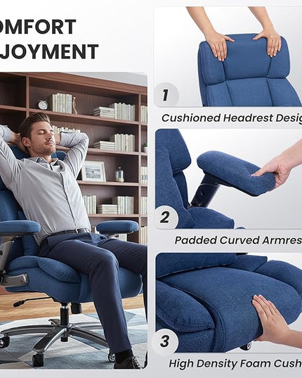 750lbs Heavy Duty Desk Chair with 3D Kneading Massage, Big and Tall Office Chairs with Ergonomic Support, 4D Armrests, 5 Quiet Dual Rubber Wheel, Thick Pocket Spring Cushion(Blue, Fabric)