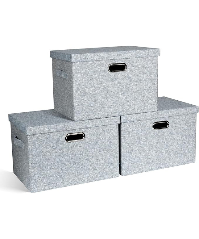 Large 17" 36 Quart Collapsible Stackable Storage Bins with Lids, 3 Packs Blue-Grey Linen Fabric Closet Boxes with Lids, Storage Cube Baskets Container Organizers for Bedroom (17x12x11)