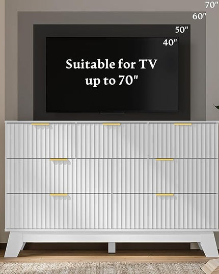 HUANLEGO Fluted Dresser for Bedroom with 7 Drawer, Mid Century Modern Chest of Drawers, 48" Wide Natural Wood Dresser for Closet, Wooden Boho Chest Closet Storage TV Stand for Bedroom, White