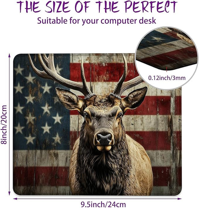 American Flag Elk Mouse Pad Square Mouse Mat Non-Slip Rubber Base Mousepad with Stitched Edge, Portable MousePads for Desk Computers Laptop Office, 9.5x8 Inches