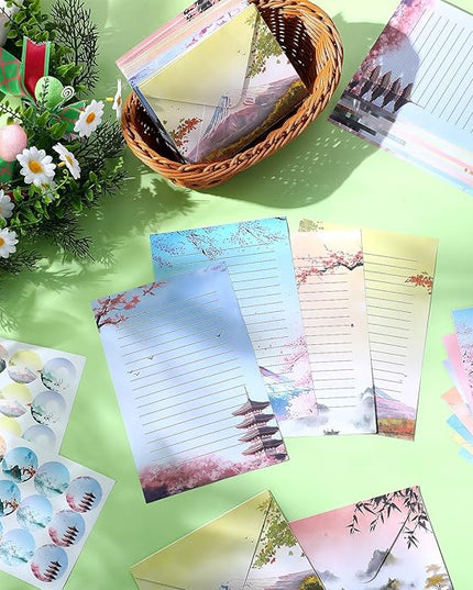 Outus 215 Pcs Japanese Stationary Set Including 70 Japanese Ink Painting Writing Papers 70 Envelopes 75 Round Stickers Watercolor Writing Stationery Paper for Invitations Office School Mail Supplies