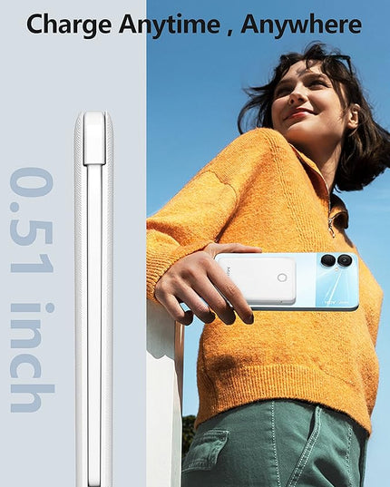 6000mah Ultra Slim Built in Cables Power Bank, Card Size Built in USB C Cords Battery Pack Portable Charger for Phones, 3 Output External Battery Pack Compatible with iPhone, 2-Pack White & Purple