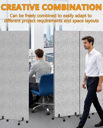 Soundproof Room Divider Panel with Wheels, 66in Portable Office Partition Screen, 3 Panel Temporary Wall Divider for Sound Proof Separation, Cubicle Privacy Panels for Desk (Light Grey)