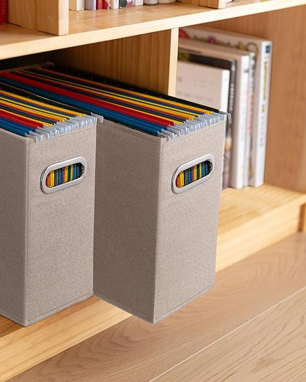 4 Pack Letter Size File Storage Box Collapsible, Fabric Hanging File Folders Organizer, Portable Office Document Holder with Metal Handle, Smooth PVC Rails, Beige