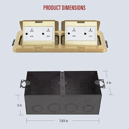 ENERLITES Dual Pop-Up Floor Box Kit, 8.68" X 4.81" Cover, 20A Tamper-Weather Resistant Receptacle Outlets, Watertight Gasket, Corrosive Resistant Hardware, 962301-C, Brass