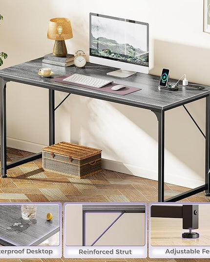 PRAISUN 54 X 20 Inch Office Computer Desk with Power Outlets and USB-C Port, Larger and Longer Gaming Desk, for Home Office, Study, Bedroom, Writing Work from Home Table, Metal Frame, Grey