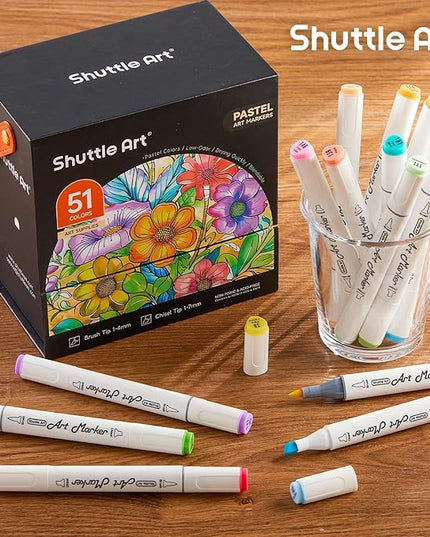 Shuttle Art Pastel Alcohol Markers Brush tip, Dual Tip Brush & Chisel Tip Art Marker Set, 50 Colors plus 1 Blender Marker Pens with Case Perfect for Illustration Students Adults Coloring Sketching