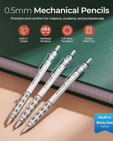Nicpro 3 Pack Blocky Gear 0.5 mm Metal Mechanical Pencils Set with Case, Lead Drafting Pencil with 8 Tube (480PCS) Lead Refills(HB 2B), 4 Erasers, 18 Eraser Refills for Art Writing, Sketching Drawing