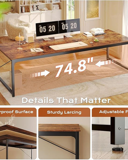 PRAISUN 78.7 X 29.5 Inch Computer Desk with Deeper Desktop, Long Gaming Office Writing Work Desk for Home Office, Study, Bedroom, Work from Home, Metal Frame, Rustic Brown