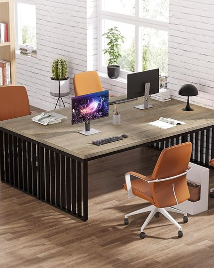 Tribesigns 78.74" Extra Long Computer Desk 2 Person Desk, Double Long Desk with Heavy Duty Metal Frame, Double Workstation Study Table for Home Office, Brown (Without Chair) (Gray & Black)