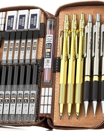 Nicpro 30PCS Art Mechanical Pencils Set in Leather Case, Gold Metal Drafting Pencil 0.5, 0.7, 0.9 mm, 2mm Lead Pencil Holder for Sketching Drawing With 16 Tube (6b 4B 2B HB 2H 4H Colors) Lead Refill