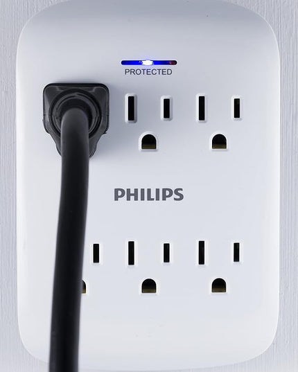 Philips 6-Outlet Extender Surge Protector, 2 Pack, Wall Tap, 900 Joules, 3-Prong, Space Saving Design, Protection Indicator LED Light, ETL Listed, White, SPP3466WA/37