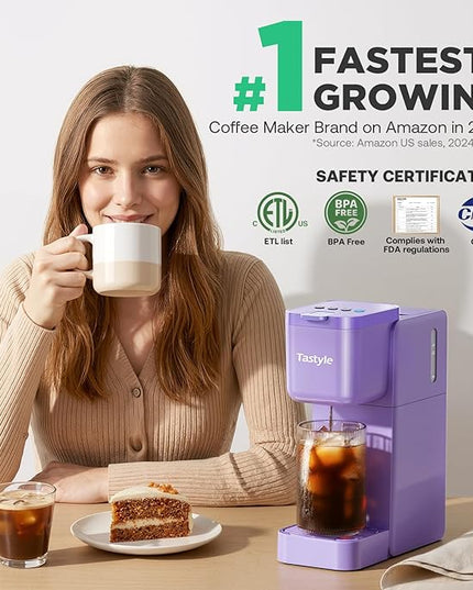 Single Serve Coffee Maker Hot and Iced with Bold Brew, Small Coffee Machine for K Cup and Ground, Fits 7.3'' Travel Mug, Brews up to 16 Oz, 5 Cup Sizes, Compact for Office, RV& Hotel, Lavender