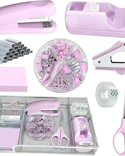 Purple Office Desk Accessories,Purple Office Supplies Set,Stapler and Tape Dispenser Set,Tape,Staple Remover, Staples,Paper Clips,Scissor,Sticky Note and Desk Drawer Organizer