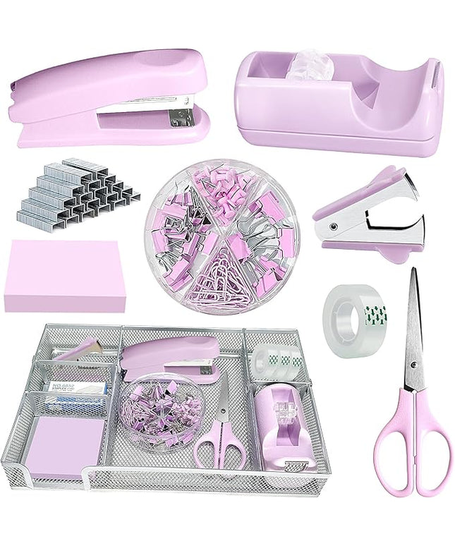 Purple Office Desk Accessories,Purple Office Supplies Set,Stapler and Tape Dispenser Set,Tape,Staple Remover, Staples,Paper Clips,Scissor,Sticky Note and Desk Drawer Organizer