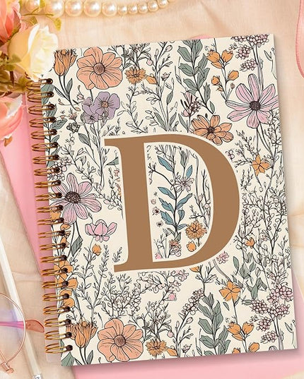 JXREQ Vintage Boho Floral Personalized Notebook, Initial Letter D Notebook Journal, Monogram Notebook, Monogrammed Gifts for Women, Boho Office Supplies, Flower Spiral Notebook 5.5x8.3