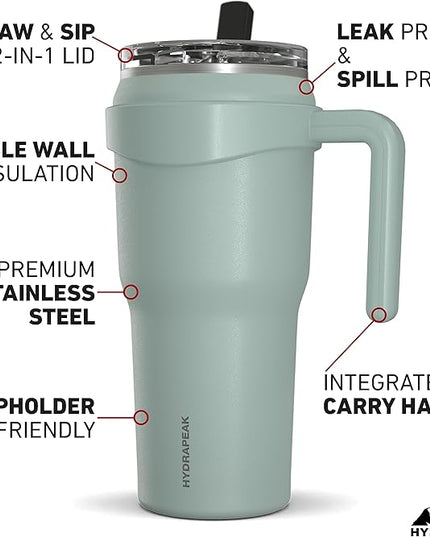 Hydrapeak Roadster 40oz Stainless Steel Tumbler Double Wall Vacuum Insulated Water Bottle With Handle And 2 in 1 Straw Lid (Pale Sage)