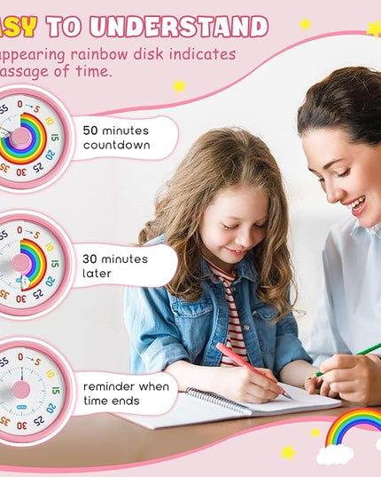 HIPPIH Visual Timer for Kids, 60 Minute Countdown Timers for Classroom Kitchen Office, Rainbow Disk Desk Timer Clock with Silent Operation, Pomodoro Timer Time Management Tools for Toddler ADHD Pink
