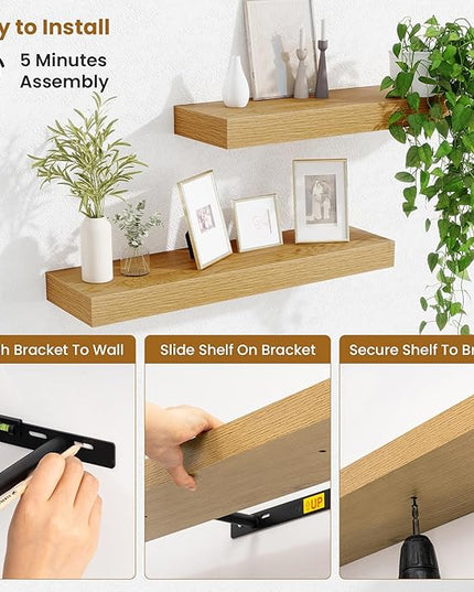 Fun Memories Floating Shelves Set of 2, 24 Inch Floating Shelves for Wall, Wood Wall Shelves with Invisible Brackets, for Bathroom, Bedroom, Living Room, Kitchen, Oak