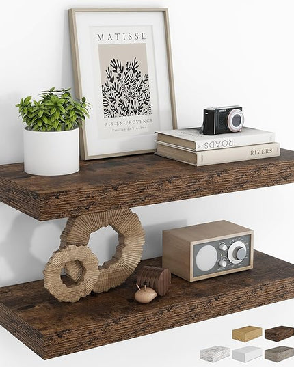 RICHFOCUS 24Inch Floating Shelves for Wall 2 Pack Shelves for Bedroom|Kitchen|Bathroom Wall Mounted Rustic Wood Floating Shelf with Invisible Brackets for Books|Storage|Decor, Rustic Brown
