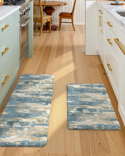 Collive Kitchen Mats for Floor 2 Piece, Abstract Cushioned Anti Fatigue Rugs Non Slip Waterproof Kitchens Sink Mat, Blue Modern Standing Mat for Bar, Office, Desk, Home Decor, 17"x29"+17"x47"