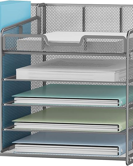 Lavatino 5-Tier Metal Mesh Desk Organizer with File Holder & 7 Customizable Compartments | Paper Letter Tray for Office or Home Desk Storage | Keep Workspace Supplies Neat & Organized, Silver