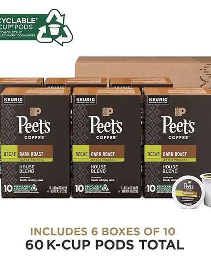 Peet's Coffee, Dark Roast Decaf Keurig K-Cup Pods, Decaffeinated Arabica Coffee - Decaf House Blend 60 Count (6 Boxes of 10 K-Cup Pods)