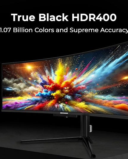 Deco Gear 49-inch Super UltraWide QD-OLED 5120 x 1440 (DQHD) Computer Monitor, 144Hz, Speaker, Adaptive-Sync, USB-C 90W, KVM, HDMI, DP, VESA Mountable, Tilt, Adjustable, 0.03ms, American Seller