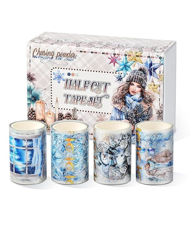 Snycler Pre-Cut Blue Snowflake Themed PET Washi Tapes - Vintage Aesthetic Tape Stickers for Journaling, Scrapbooking, Junk Journals, Crafts, Planners - 4 Rolls
