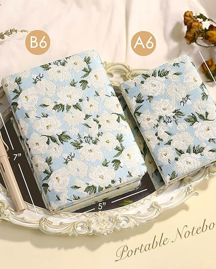 Pocket Notebook, A6, 4x6, Small Embroidered Journal, Cute Notebook, Lay Flat, Hardcover, Lined Notebook & Sketchbook, Personal Writing Journal for Women, Blue Journal, White Gardenia Flower