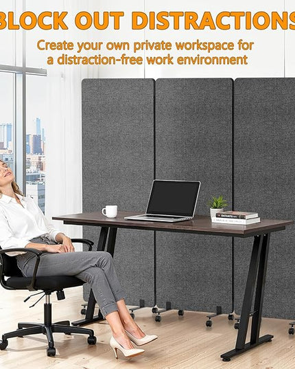 Soundproof Room Divider Panel with Wheels, 66in Portable Office Partition Screen, 3 Panel Temporary Wall Divider for Sound Proof Separation, Cubicle Privacy Panels for Desk (Dark Gray)