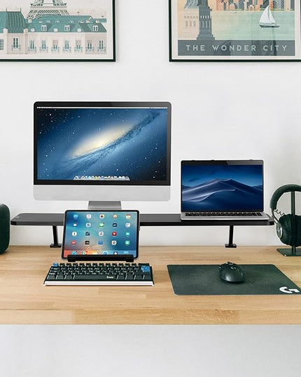 AVLT Clamp Desk Shelf Dual 32" Monitor Riser With Slide-out Holder for Convertible Laptop, Tablet, Smartphone (Black) - Floating Stand (Clamp-On Shelf Only)