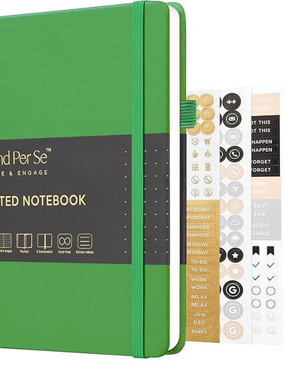 &And Per Se Dotted Journal Notebook, A5 Hardcover Leather Bullet Dotted Journal, 160 Pages 100 gsm Thick Paper, 3 Sheets of Stickers Included - 5.7'' x 8''（Emerald）