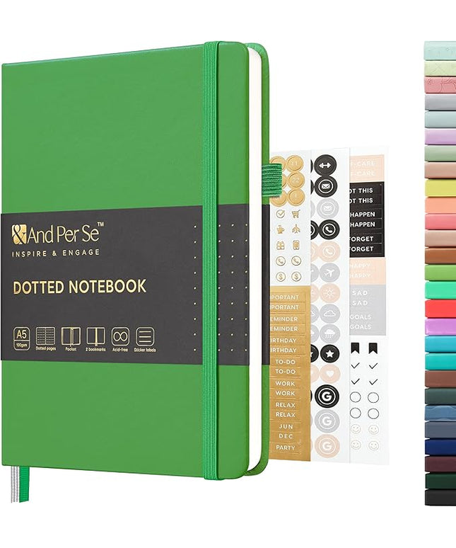 &And Per Se Dotted Journal Notebook, A5 Hardcover Leather Bullet Dotted Journal, 160 Pages 100 gsm Thick Paper, 3 Sheets of Stickers Included - 5.7'' x 8''（Emerald）