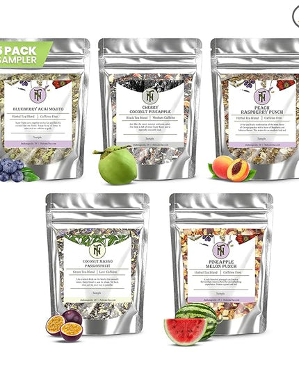 Nelson's Tea Tropical Samplers- 5 Flavors Variety Pack - Blueberry Acai Mojito, Cherry Coconut Pineapple, Coconut Mango Passionfruit, Peach Raspberry Punch, Pineapple Melon Punch - Sample Sizes