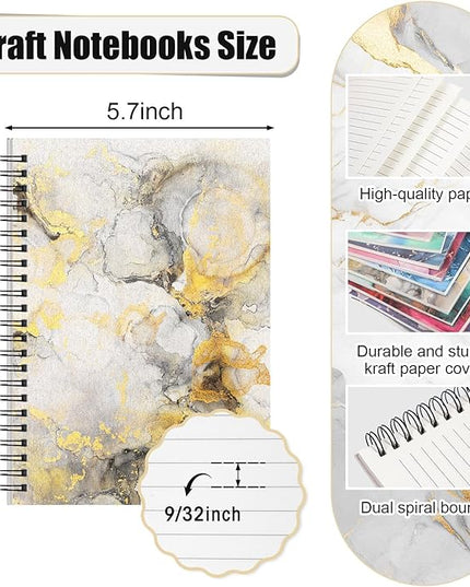 Fuutreo 12 Pcs Spiral Notebook for Work A5 8.3 x 5.7 Inch College Ruled Spiral Journal Notebook Kraft Cover Ruled Paper, 12 Color, 60 Sheets, 120 Pages for Office School(Marble Pattern)