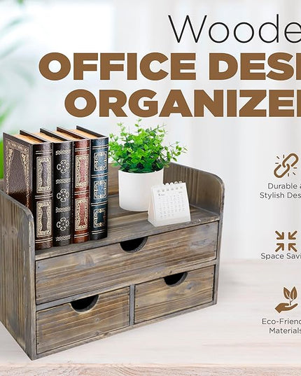 Besti Wooden Office Desk Organizer - Organizing Tool for Desktop, Cubicle, Bedroom, Kitchen - Vintage Style Organization Caddy with Top Tray Shelf & 3 Drawers - 13.6x9x7 Inches (Rustic)
