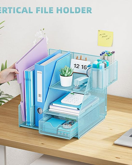 Marbrasse Desk Organizer and Accessories, 3-Tier File Organizer with Drawer and Pen Holder, Small Desktop Organizer and Storage for Workspace Office Supplies Blue