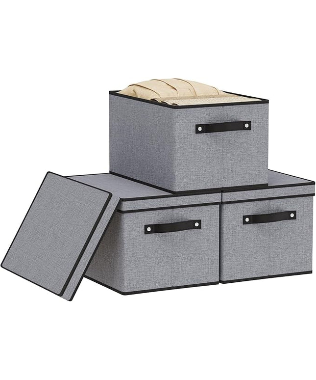 Storage Boxes with Lids, Decorative Linen Storage Bins for Shelves, Fabric Closet Organizer with Handles, Gray, 16.5 x 11.8 x 10.2 Inch, 3-Pack