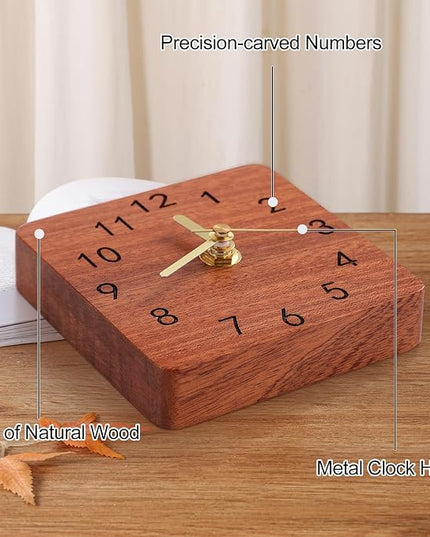 Kattepote Wooden Table Clock on Stand, Decorative Battery Operated Desk and Shelf Clock, Silent Non-Ticking Desktop Clock for Office, Living Room or Bedroom Decor, Square Shape, Sapele Wood