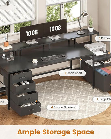 SEDETA 75'' Computer Desk with 5 Drawer, Power Outlet & Led Lights, Home Office Desk with File Drawer, Storage Shelves, Printer Cabinet and Monitor Shelf, 23.6" W Large Desktop Gaming Desk, Black