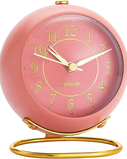 rjuwurv Metal Desk Alarm Clock, Retro Bedroom Table Vintage Analog Alarm Clock, Silent Non-Ticking Gold Clock, Bedside Décor(Sweet Pink)