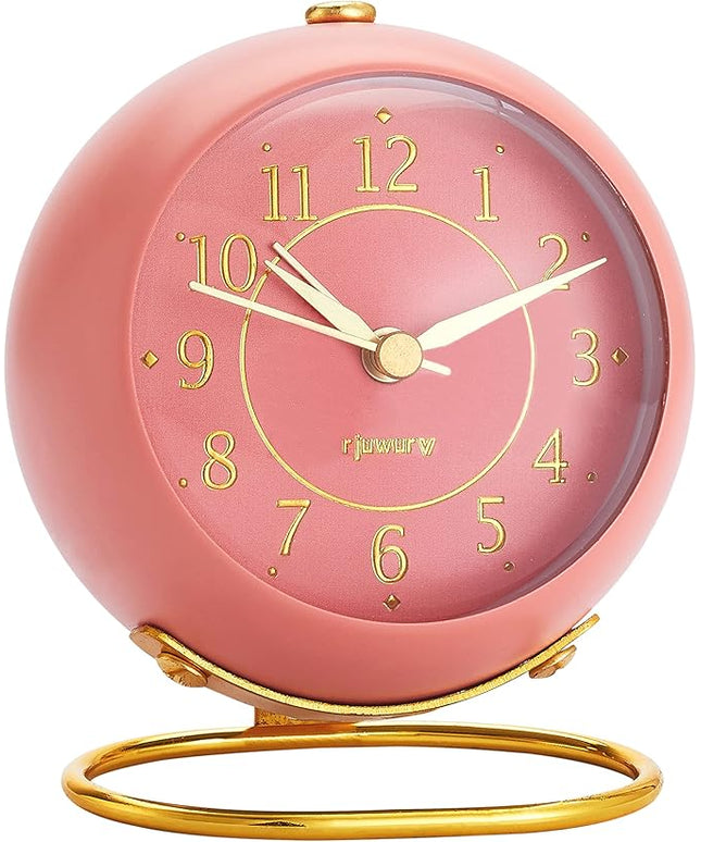 rjuwurv Metal Desk Alarm Clock, Retro Bedroom Table Vintage Analog Alarm Clock, Silent Non-Ticking Gold Clock, Bedside Décor(Sweet Pink)