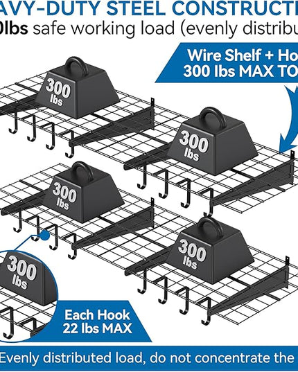 2-Pack 2x6ft Garage Wall Shelving, 24"x72" Shelf Storage Rack Floating Shelves Wall Mounted, Heavy Duty Storage Shelves, 800lbs Load Capacity, with 16 Hooks for Garage Organization, Black