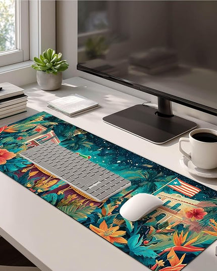Large Mouse Pad Gaming Mousepad 31.5 x 11.8 Inch Keyboard Desktop Mat Diatomite XL Mouse Pad for Home and Office Desk Accessories with Tropical City Drum Frog Artwork and Smooth Diatomite