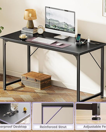 PRAISUN 47 X 20 Inch Office Computer Desk with Power Outlets and USB-C Port, Larger Gaming Desk, for Home Office, Study, Bedroom, Writing Work from Home Table, Metal Frame, Black
