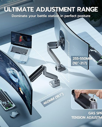 ARES WING Ultrawide Monitor Arm, Heavy Duty Single Monitor Mount for 13"-49" Curved Screens, Adjustable Stand for Desk with C-clamp & Grommet Base up to 40 LBS, Gray